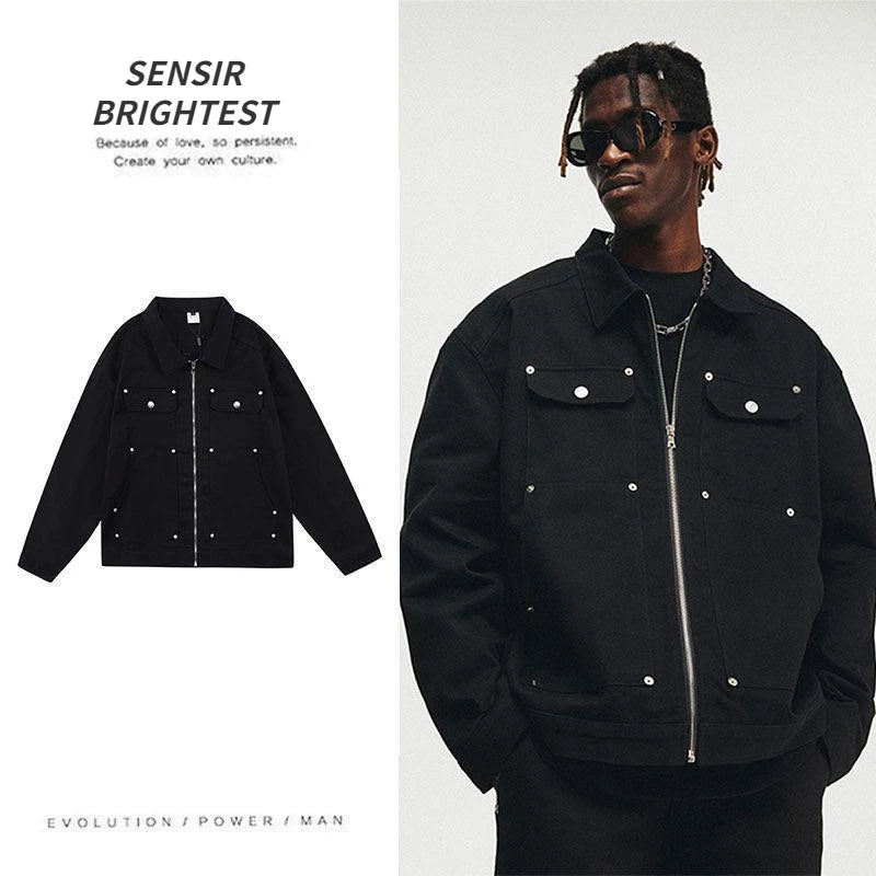 American Style High Street Metal Stud Denim Jacket Men's Brand Retro Hip-hop Washed Loose Zipper Crock Jacket Men's - FSH-ONLINE