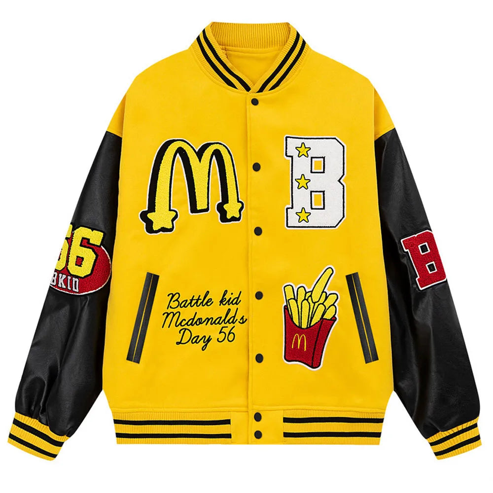 Cartoon Letter Embroidery Patchwork Jackets Men and Women Stand Retro Streetwear Casual Varsity Coats Unisex Baseball Jacket - FSH-ONLINE