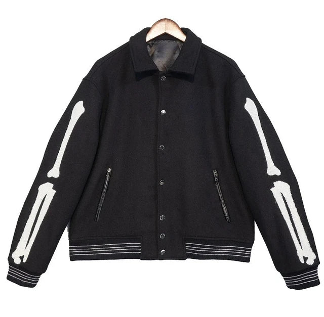 Fashion Autumn Skeleton Embroidery Varsity Jacket Men Streetwear Warm Wool Women Baseball Jacket Outfits Windbreaker 2023 - FSH-ONLINE