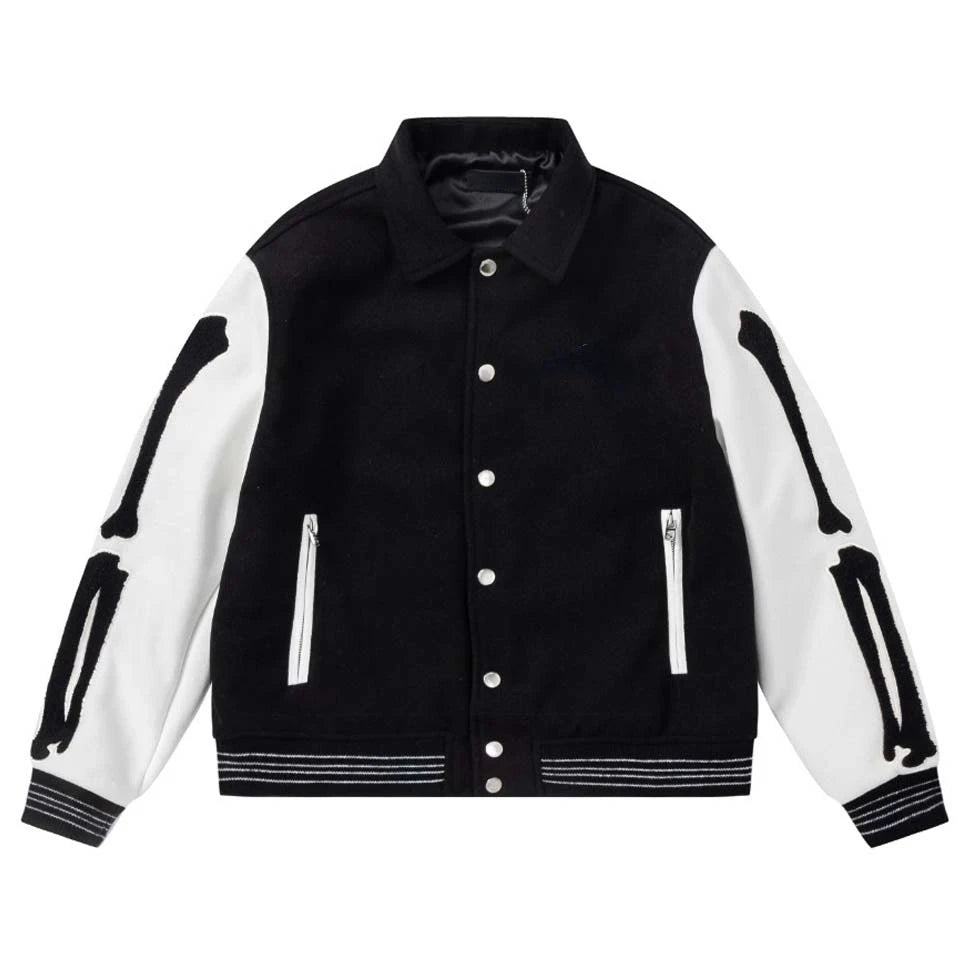 Fashion Autumn Skeleton Embroidery Varsity Jacket Men Streetwear Warm Wool Women Baseball Jacket Outfits Windbreaker 2023 - FSH-ONLINE
