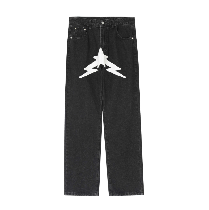 American high street pentagram printed jeans men fashion brand street loose wide leg casual straight trousers - FSH-ONLINE