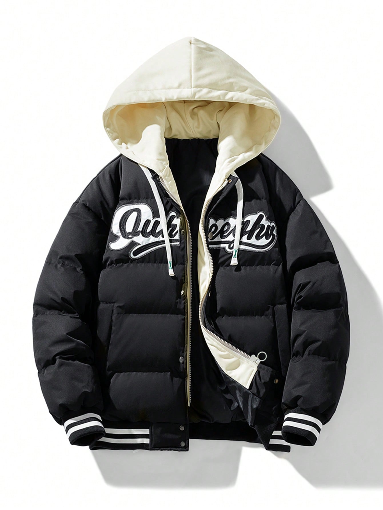 Men's Letter Embroidery Drawstring Hooded Padded Coat - FSH-ONLINE