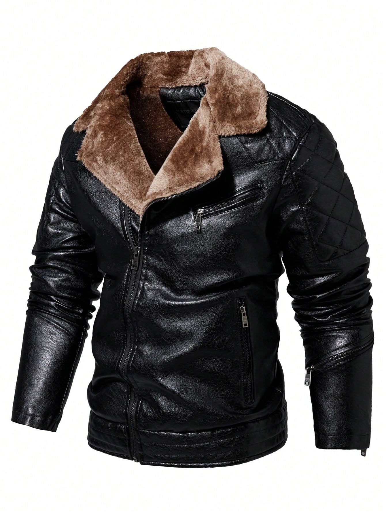 Men's Turn-down Collar Motorcycle Style Pu Leather Jacket - FSH-ONLINE