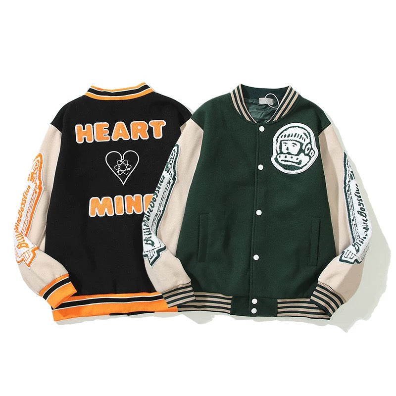 HEART MIND Orange Varsity Baseball Jacket