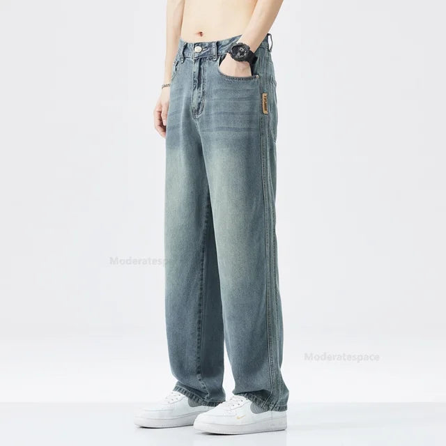 2024 New Lyocell Stretch Jeans Men's High Quality Soft Loose Wide Pants Elastic Waist Casual Denim Trousers Streetwear - FSH-ONLINE