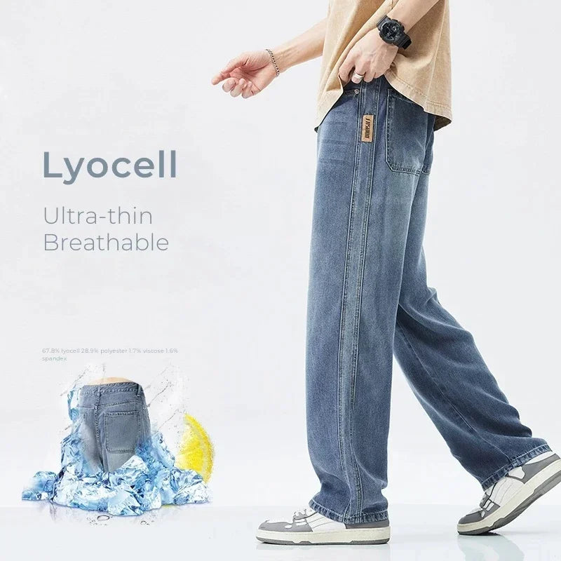 2024 New Lyocell Stretch Jeans Men's High Quality Soft Loose Wide Pants Elastic Waist Casual Denim Trousers Streetwear - FSH-ONLINE