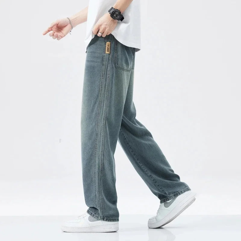 2024 New Lyocell Stretch Jeans Men's High Quality Soft Loose Wide Pants Elastic Waist Casual Denim Trousers Streetwear - FSH-ONLINE