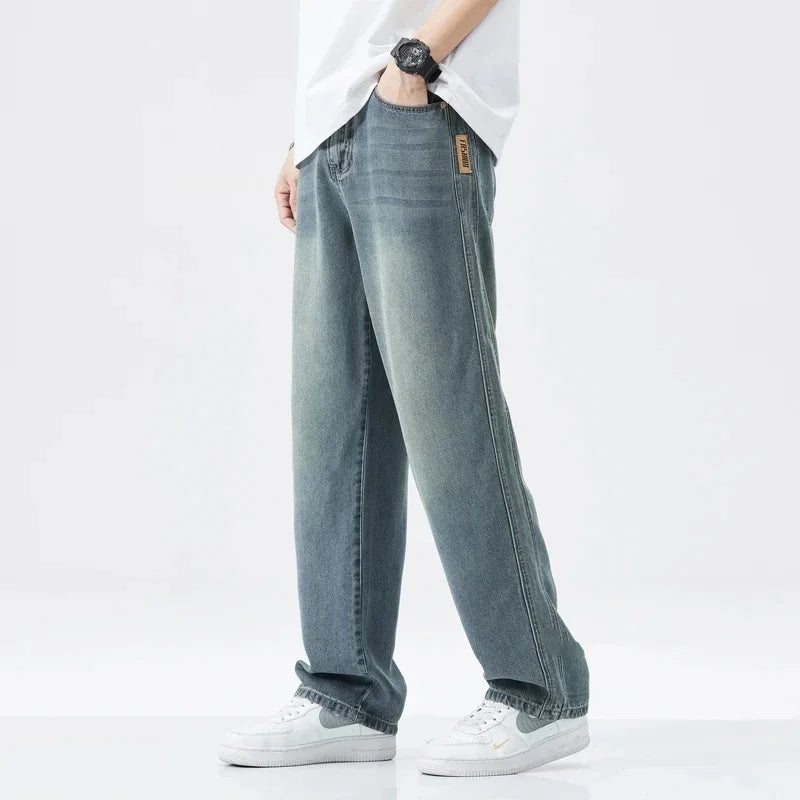 2024 New Lyocell Stretch Jeans Men's High Quality Soft Loose Wide Pants Elastic Waist Casual Denim Trousers Streetwear - FSH-ONLINE