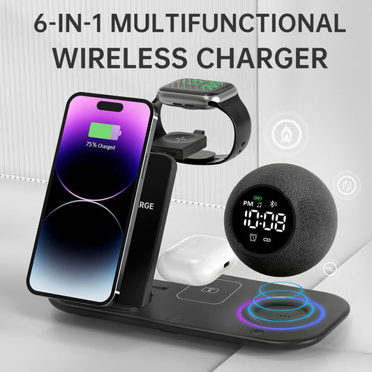 Six in one mobile phone watch headphones wireless charging clock alarm Bluetooth speaker night light - FSH-ONLINE