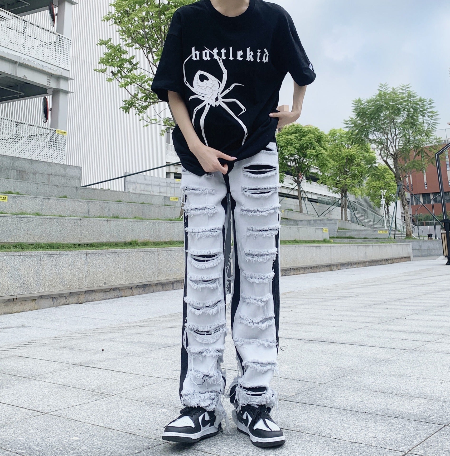 American street split beggar jeans men tassel stitching loose straight leg pants - FSH-ONLINE