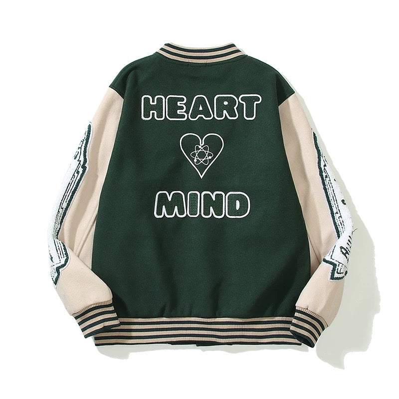 HEART MIND Green Varsity Baseball Jacket