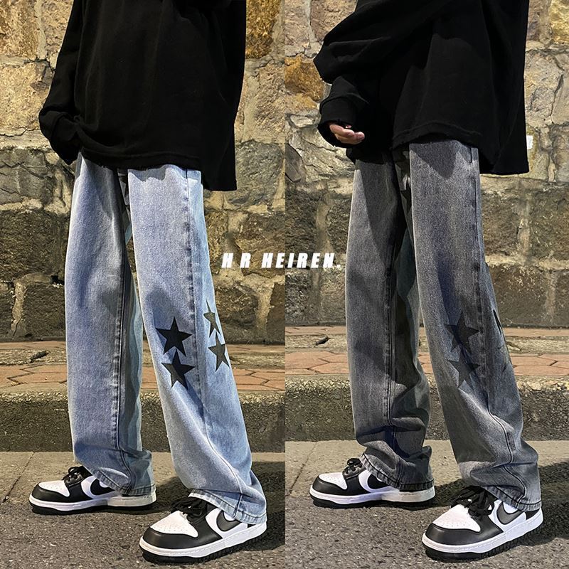 European and American high street Vibe pants Instagram trendy pentagram smoke gray jeans men's loose straight leg wide leg pants autumn and winter - FSH-ONLINE