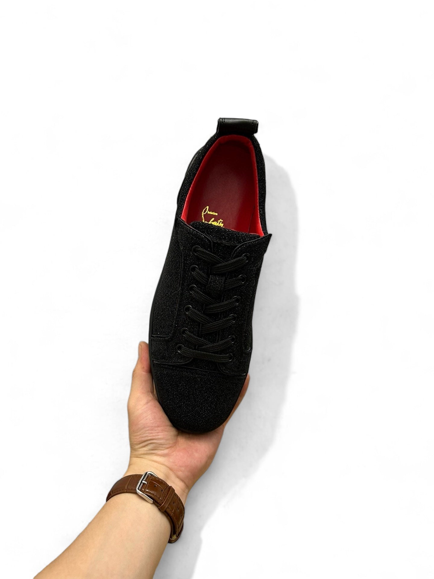 Christian Louboutin Black Sparkle Sneakers with Red Soles | christian-louboutin-black-sparkle-sneakers-with-red-soles