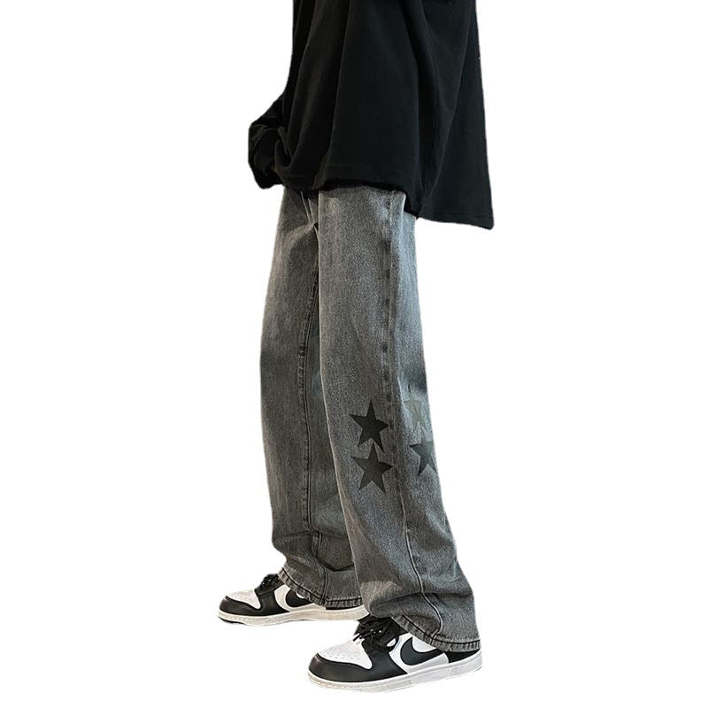 European and American high street Vibe pants Instagram trendy pentagram smoke gray jeans men's loose straight leg wide leg pants autumn and winter - FSH-ONLINE