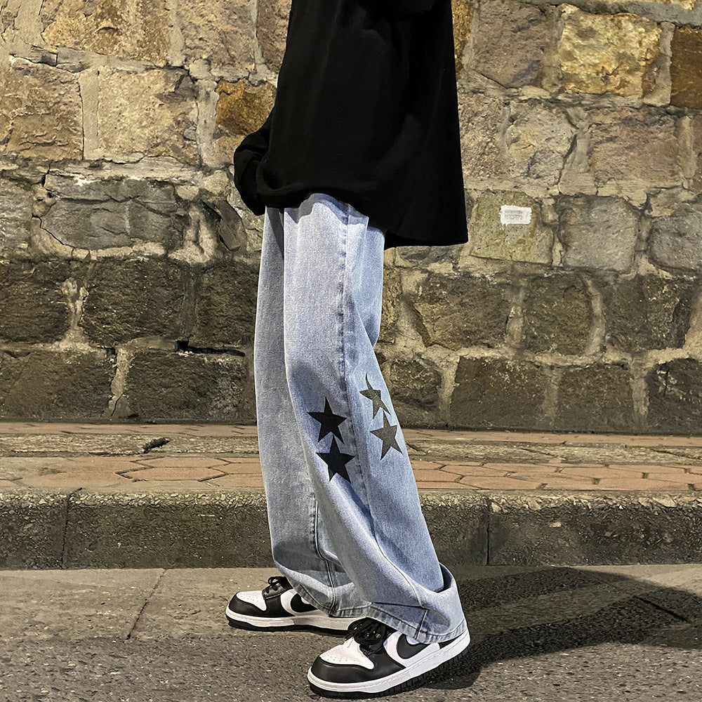 European and American high street Vibe pants Instagram trendy pentagram smoke gray jeans men's loose straight leg wide leg pants autumn and winter - FSH-ONLINE