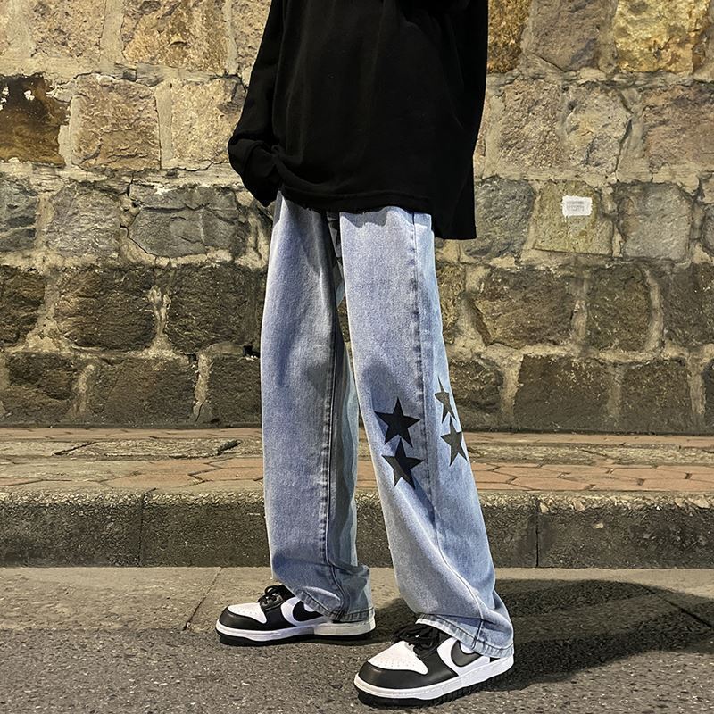 European and American high street Vibe pants Instagram trendy pentagram smoke gray jeans men's loose straight leg wide leg pants autumn and winter - FSH-ONLINE