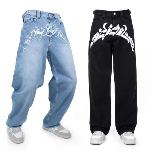 Personalized letter printed jeans, men's spring and autumn high street hip-hop fashion brand, loose straight leg pants