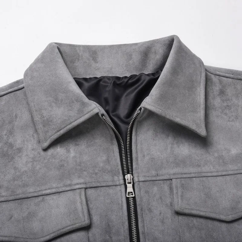 Retro High Street Suede Material Jacket With Zipper Lapel Casual Short Jacket For Men - FSH-ONLINE