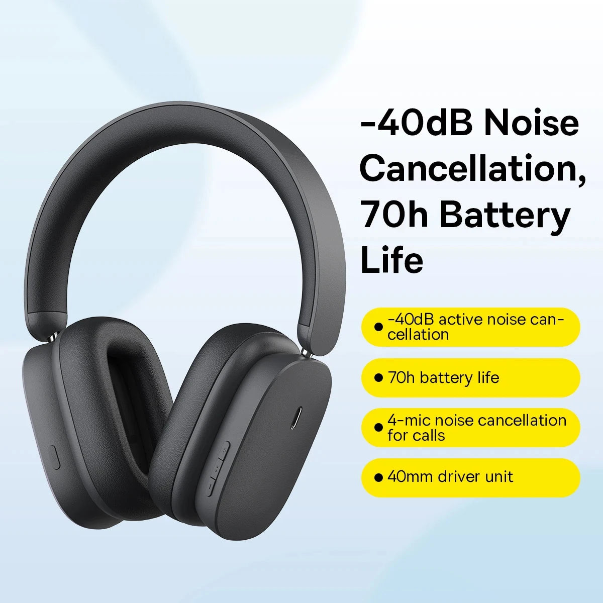 Baseus H1 ANC Wireless Headphones Hybrid 40dB Earphone Bluetooth 5.2 4-mics ENC 40mm Driver Over the Ear Headsets 70H Playtime | baseus-h1-anc-wireless-headphones-hybrid-40db-earphone-bluetooth-5-2-4-mics-enc-40mm-driver-over-the-ear-headsets-70h-playtime