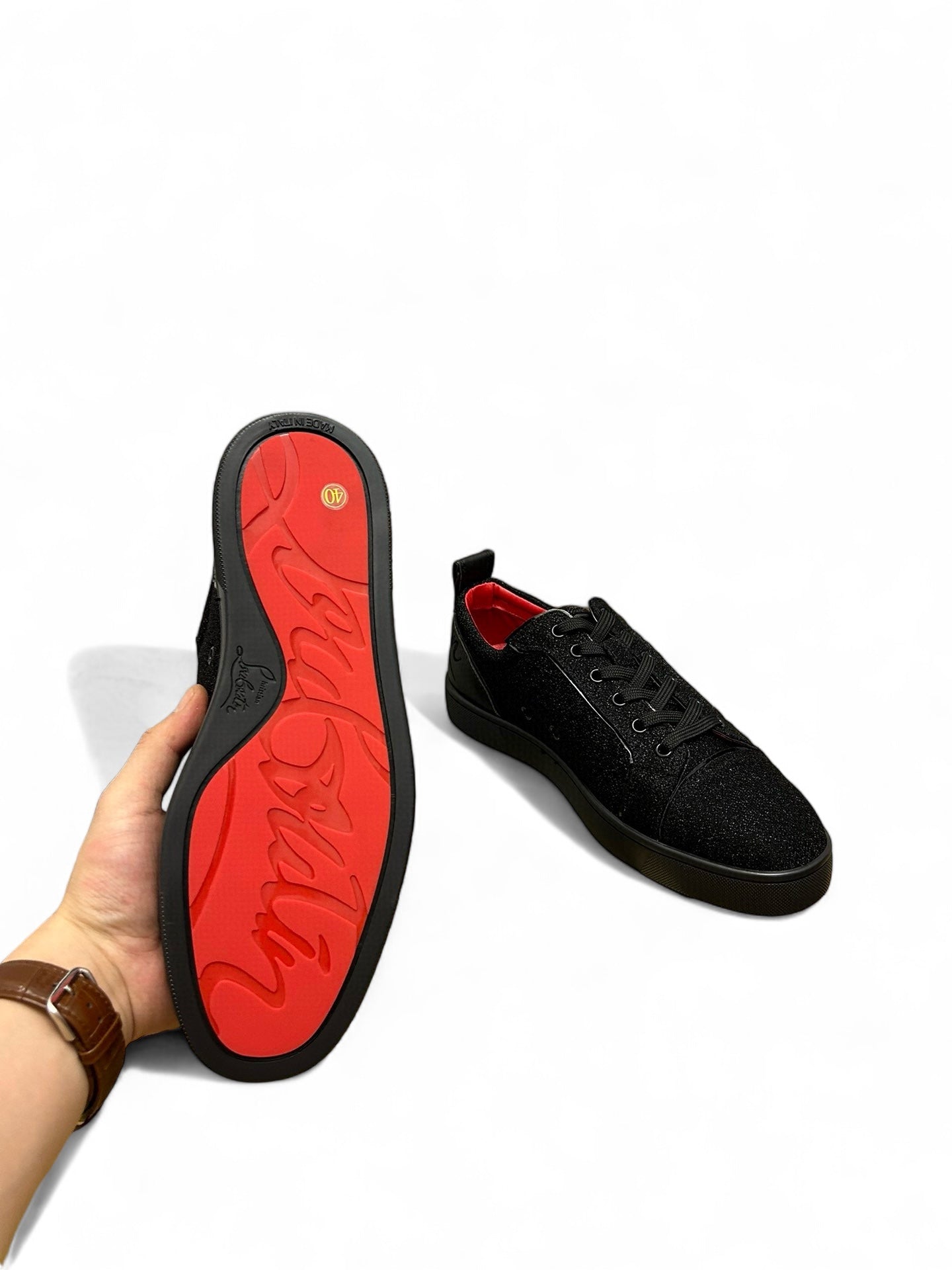 Christian Louboutin Black Sparkle Sneakers with Red Soles | christian-louboutin-black-sparkle-sneakers-with-red-soles