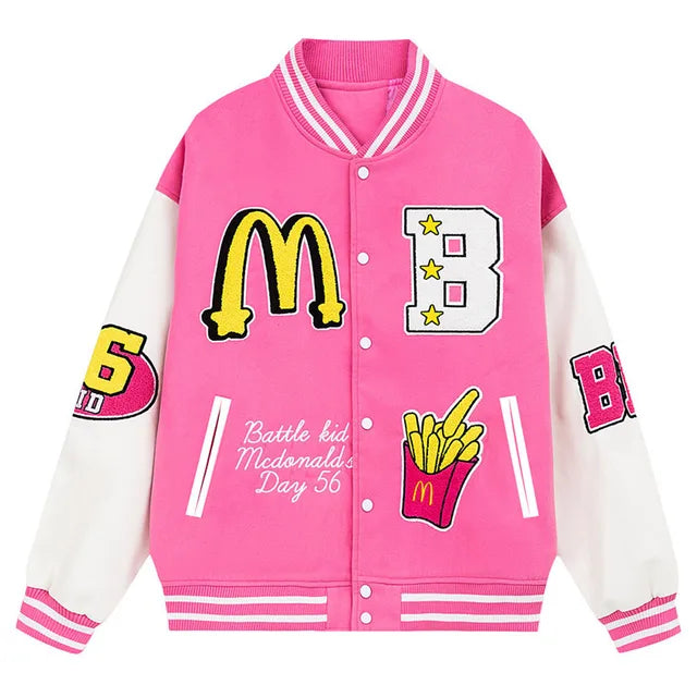 Cartoon Letter Embroidery Patchwork Jackets Men and Women Stand Retro Streetwear Casual Varsity Coats Unisex Baseball Jacket - FSH-ONLINE