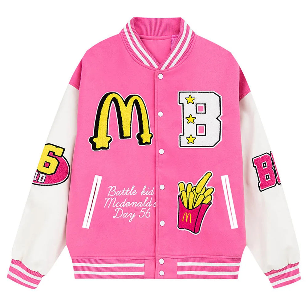 Cartoon Letter Embroidery Patchwork Jackets Men and Women Stand Retro Streetwear Casual Varsity Coats Unisex Baseball Jacket - FSH-ONLINE