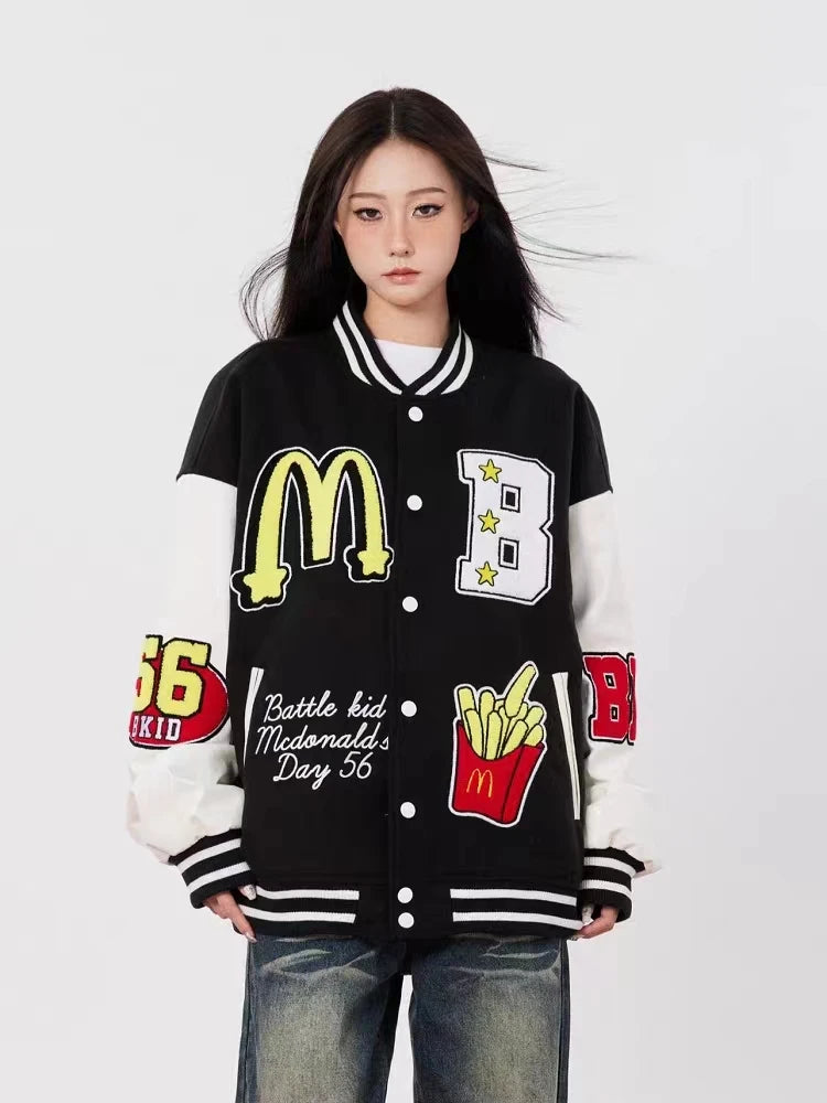 Cartoon Letter Embroidery Patchwork Jackets Men and Women Stand Retro Streetwear Casual Varsity Coats Unisex Baseball Jacket - FSH-ONLINE
