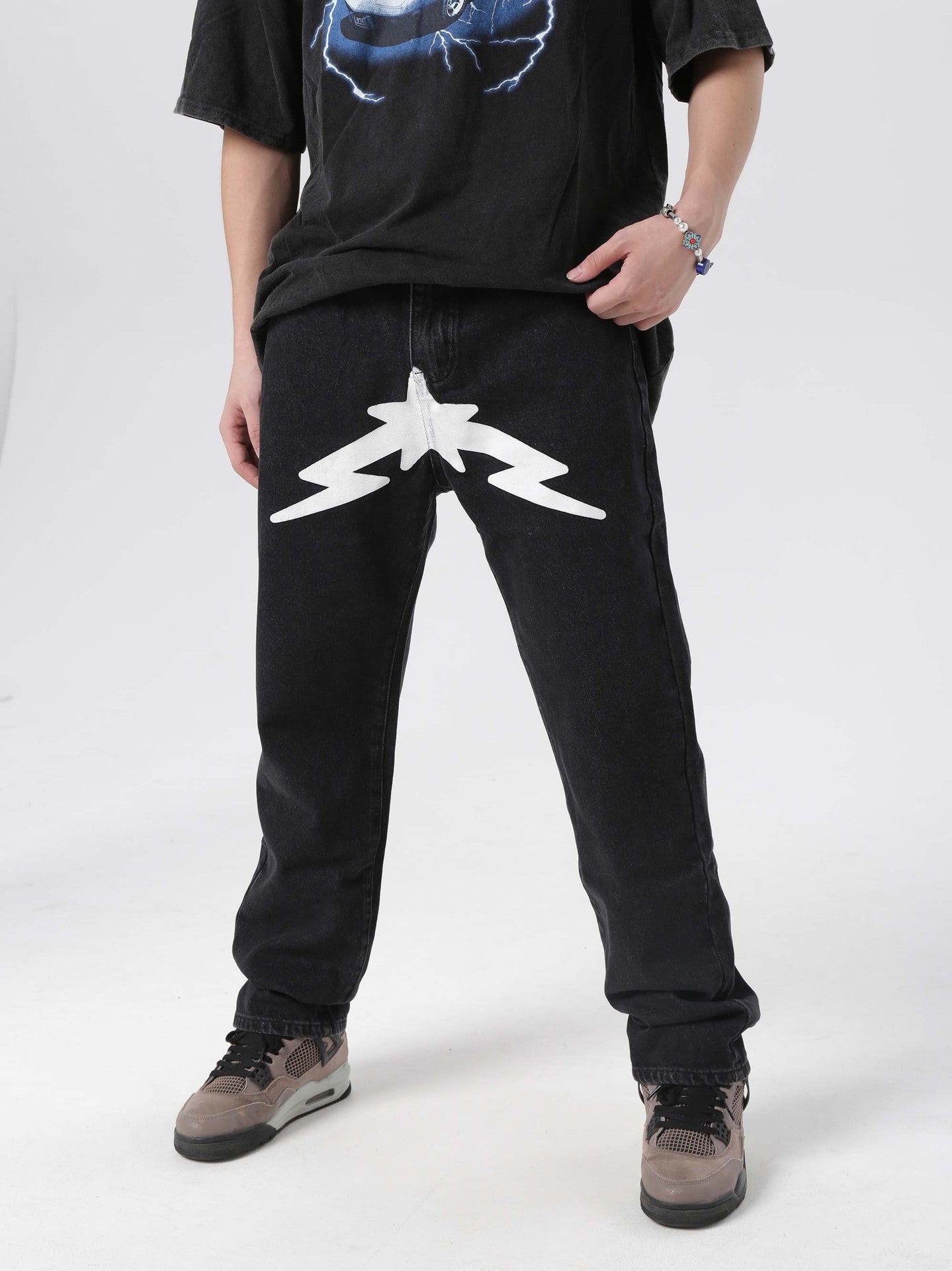 American high street pentagram printed jeans men fashion brand street loose wide leg casual straight trousers - FSH-ONLINE