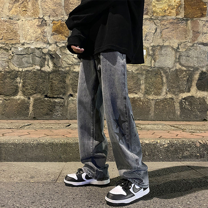 European and American high street Vibe pants Instagram trendy pentagram smoke gray jeans men's loose straight leg wide leg pants autumn and winter - FSH-ONLINE