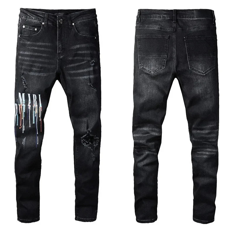 Fashionable Street Spray Painted Colorful Letters Denim Cotton Casual Trousers Black Tight Jeans For Youth - FSH-ONLINE