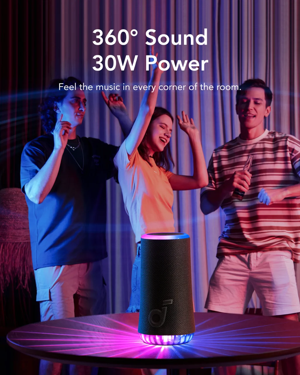 Glow Portable Speaker by Soundcore with 30W 360° Sound, Synchronized Radiant Light, 18H Playback, Customizable EQ and Light Show