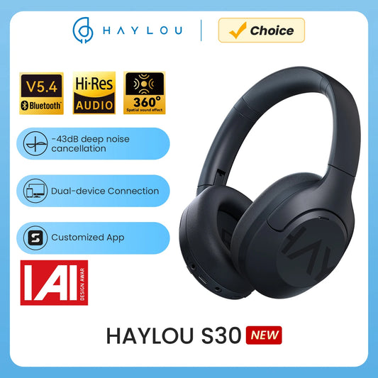 HAYLOU S30 Wireless Bluetooth 5.4 Headphones 43dB Adaptive Noise Cancelling Headsets 40mm Driver 80H Playtime Earphones | haylou-s30-wireless-bluetooth-5-4-headphones-43db-adaptive-noise-cancelling-headsets-40mm-driver-80h-playtime-earphones