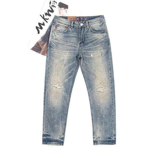 High Quality Distressed Red Selvedge Denim Jeans for Men Painting Ripped Hole Patch Tapered Straight Pants 24ss Y2k Youth Male - FSH-ONLINE