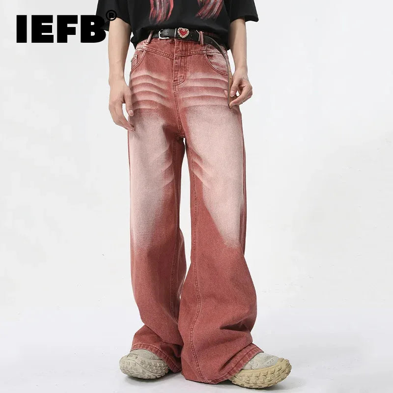 IEFB Trendy Washed Jeans Men American Style Straight Wide Leg Red Trousers Men's Wear Summer New Fashion Tide 2024 Casual 9C5972 - FSH-ONLINE