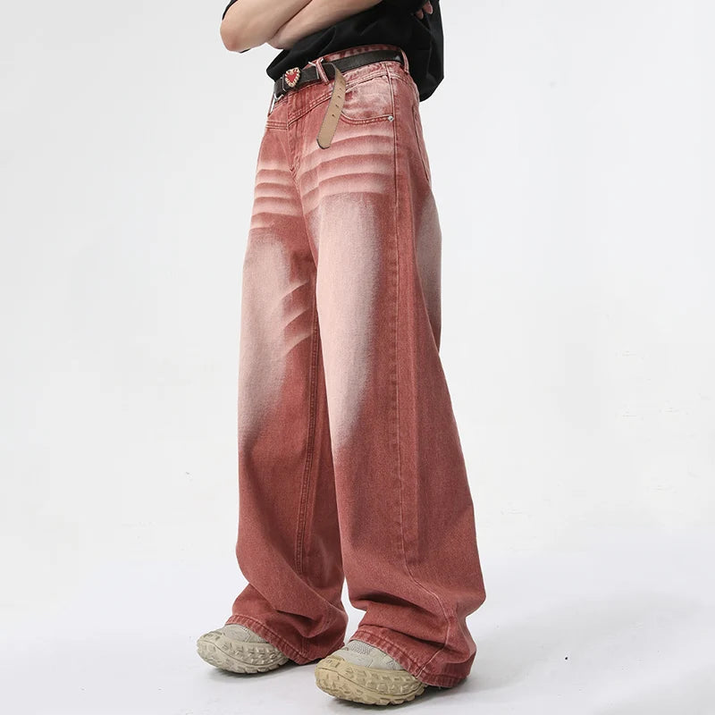 IEFB Trendy Washed Jeans Men American Style Straight Wide Leg Red Trousers Men's Wear Summer New Fashion Tide 2024 Casual 9C5972 - FSH-ONLINE