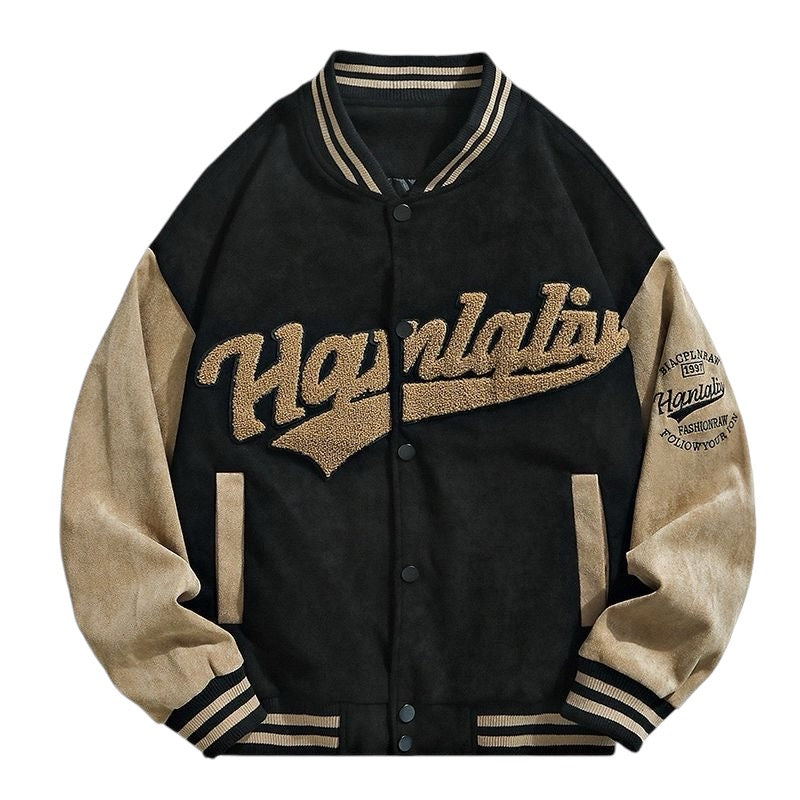 Spring/Autumn Trendy Loose Fit Color Block Letter Embroidery Baseball Jacket - FSH-ONLINE