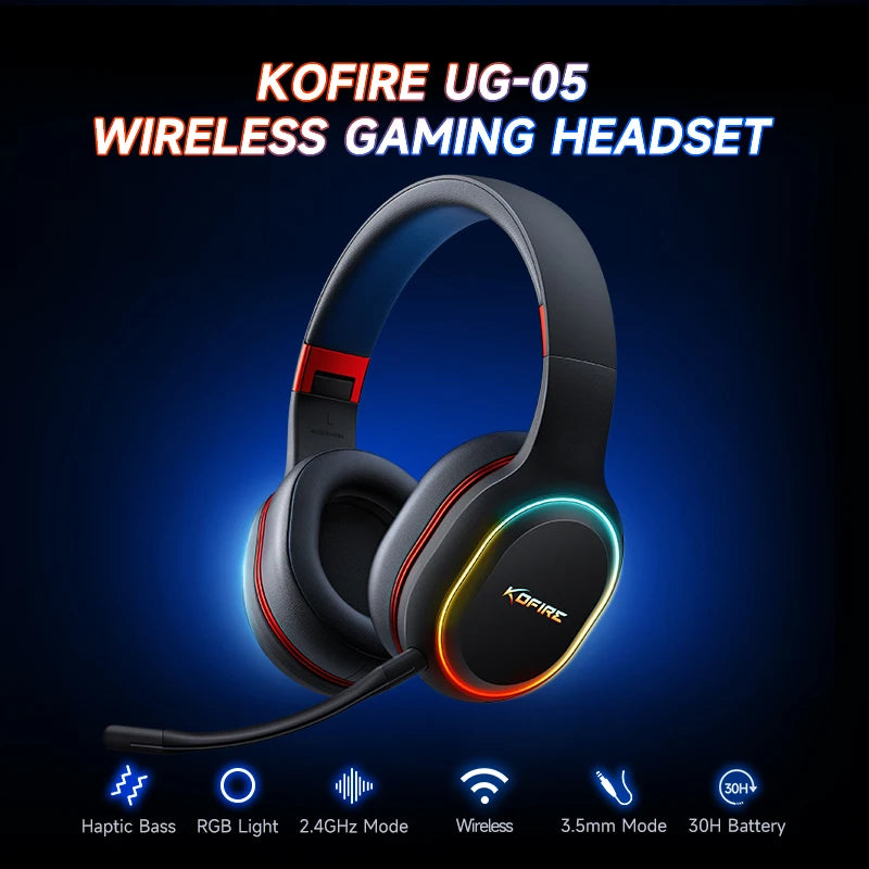 Kofire UG-05 Gaming Headphones 2.4G BT5.0 Wireless Headset With Mic RBG Light Vibration Bluetooth Earphone For PS4 PS5 PC Switch