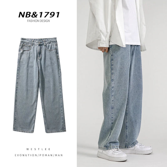 Korean Fashion Men's Baggy Jeans Classic All-match Solid Color Straight-leg Denim Wide-leg Pants Male Light Blue Grey Black - FSH-ONLINE