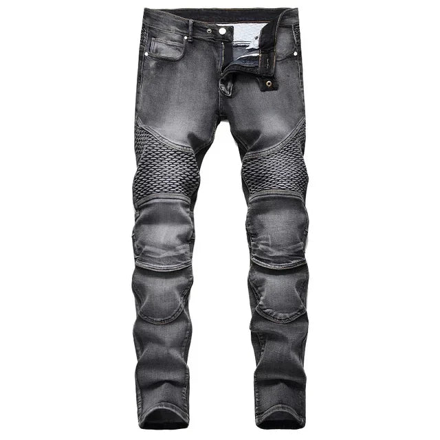 New Men's Casual Motorcycle Jeans Stretch Straight Fashion Male Hip Hop Street Riding Slim Pants Patchwork Denim Trousers - FSH-ONLINE