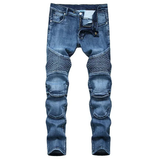 New Men's Casual Motorcycle Jeans Stretch Straight Fashion Male Hip Hop Street Riding Slim Pants Patchwork Denim Trousers - FSH-ONLINE