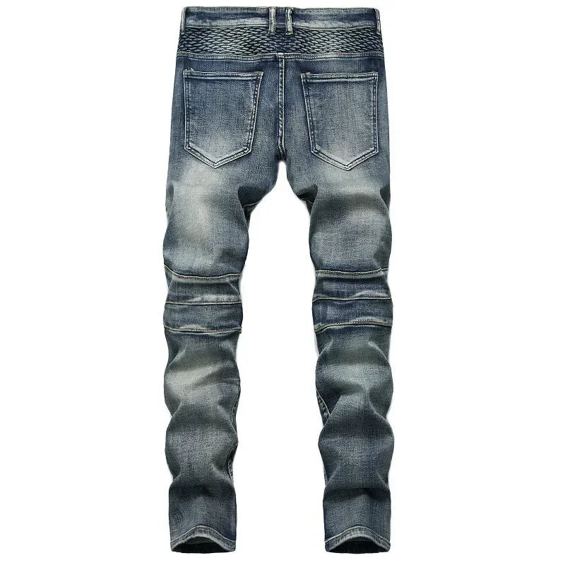 New Men's Casual Motorcycle Jeans Stretch Straight Fashion Male Hip Hop Street Riding Slim Pants Patchwork Denim Trousers - FSH-ONLINE