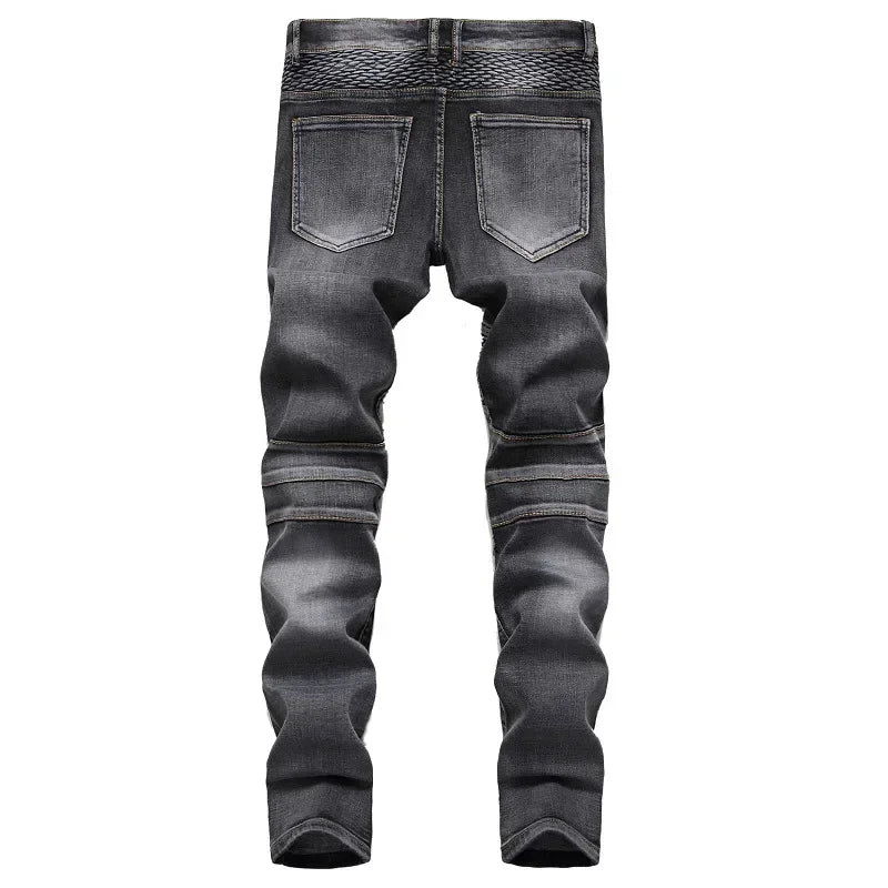 New Men's Casual Motorcycle Jeans Stretch Straight Fashion Male Hip Hop Street Riding Slim Pants Patchwork Denim Trousers - FSH-ONLINE