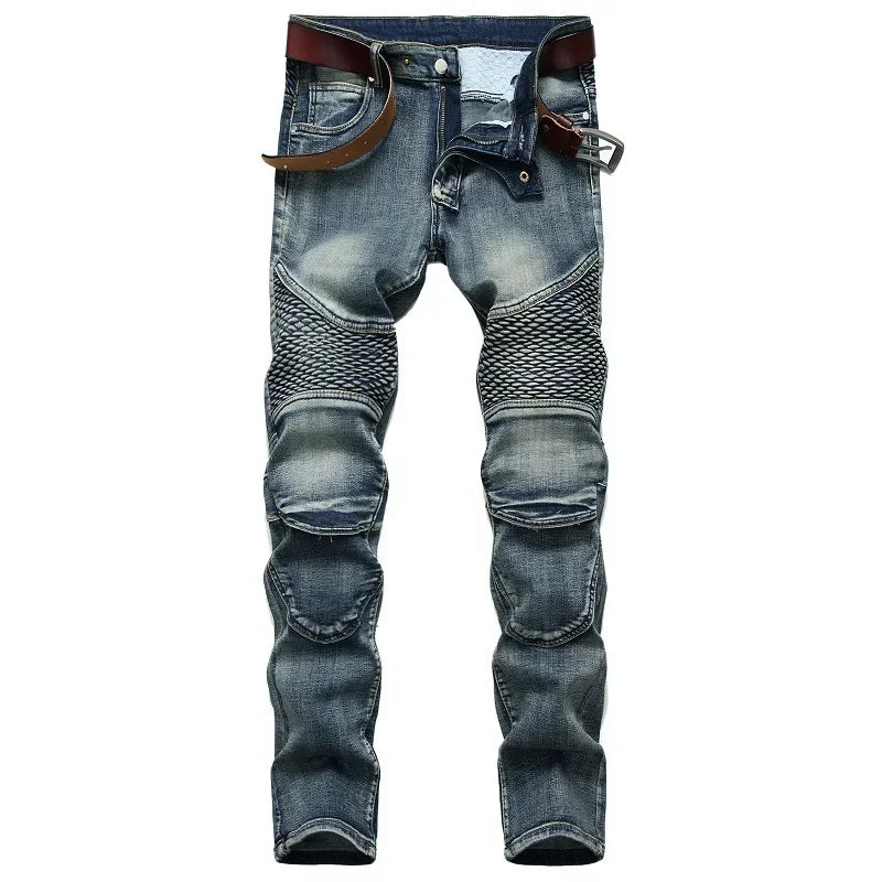 New Men's Casual Motorcycle Jeans Stretch Straight Fashion Male Hip Hop Street Riding Slim Pants Patchwork Denim Trousers - FSH-ONLINE