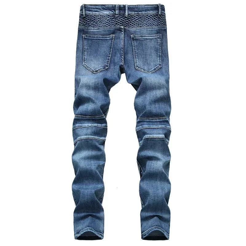 New Men's Casual Motorcycle Jeans Stretch Straight Fashion Male Hip Hop Street Riding Slim Pants Patchwork Denim Trousers - FSH-ONLINE