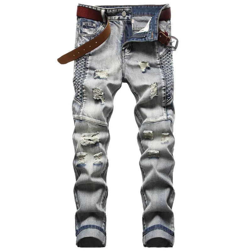 New Men's Nostalgic Ripped Jeans Embroidered Straight-leg Slim Fit Male Casual Colorblock Denim Trousers  Men's Pants - FSH-ONLINE