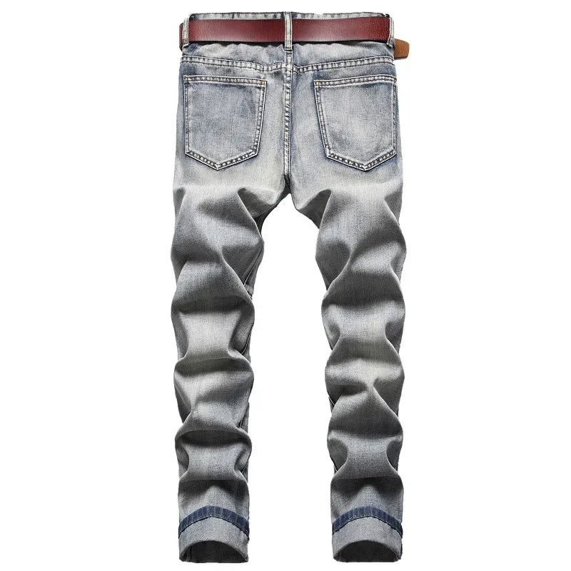 New Men's Nostalgic Ripped Jeans Embroidered Straight-leg Slim Fit Male Casual Colorblock Denim Trousers  Men's Pants - FSH-ONLINE