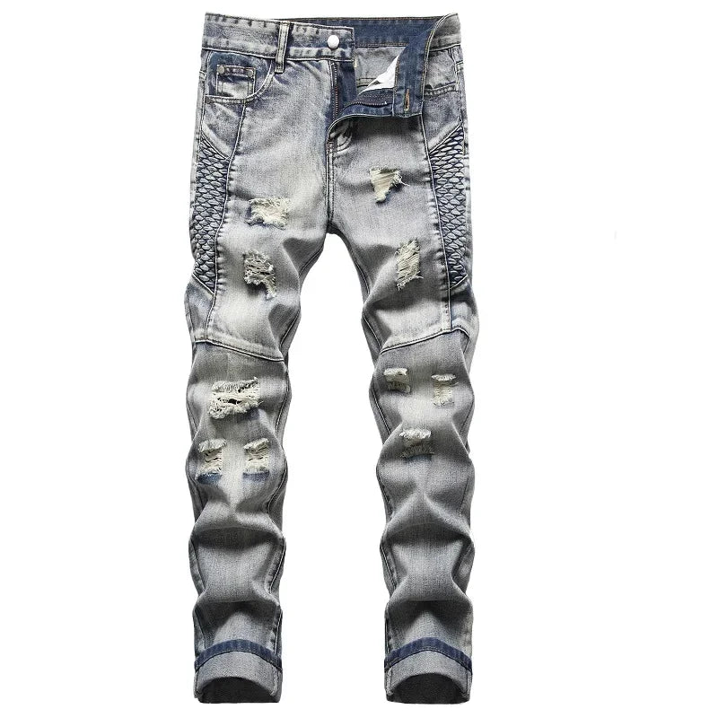 New Men's Nostalgic Ripped Jeans Embroidered Straight-leg Slim Fit Male Casual Colorblock Denim Trousers  Men's Pants - FSH-ONLINE