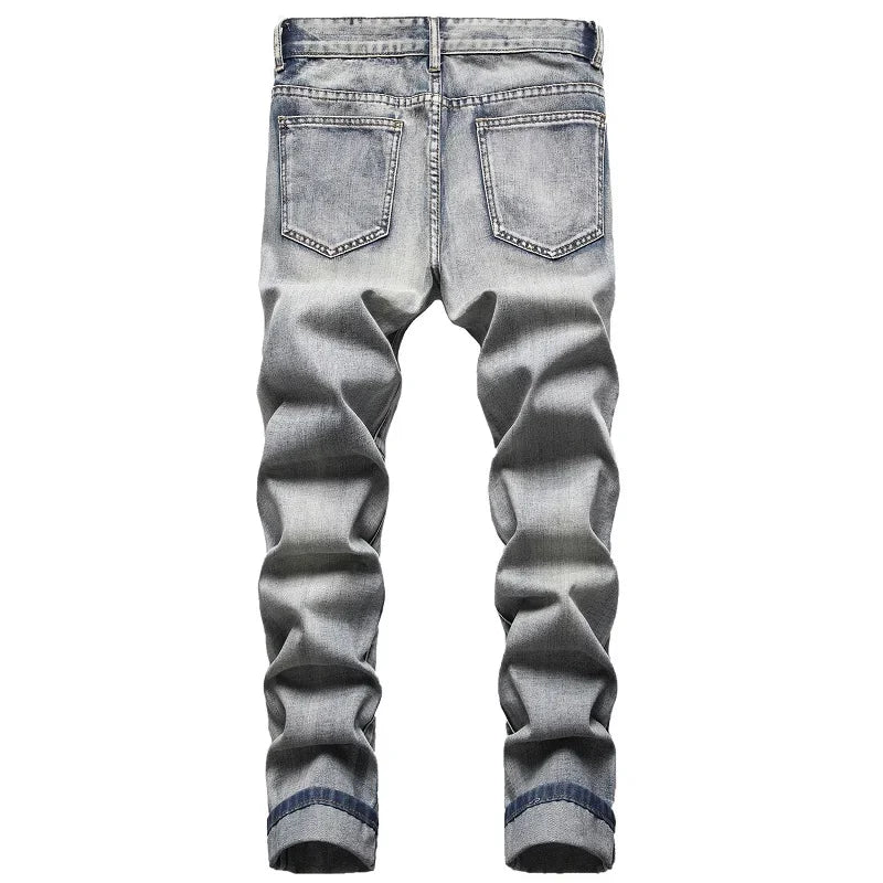 New Men's Nostalgic Ripped Jeans Embroidered Straight-leg Slim Fit Male Casual Colorblock Denim Trousers  Men's Pants - FSH-ONLINE