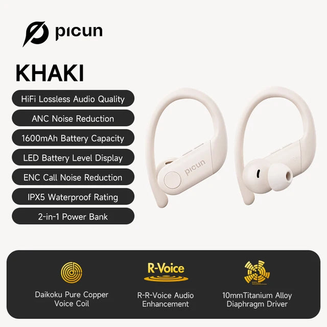 Picun A5 Wireless Earphones ANC Noise-cancelling TWS Earbuds IPX5 Waterproof Sports ENC HD Mic Bluetooth 5.4 Earphone Ear Hook