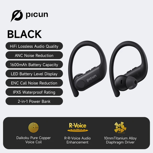 Picun A5 Wireless Earphones ANC Noise-cancelling TWS Earbuds IPX5 Waterproof Sports ENC HD Mic Bluetooth 5.4 Earphone Ear Hook